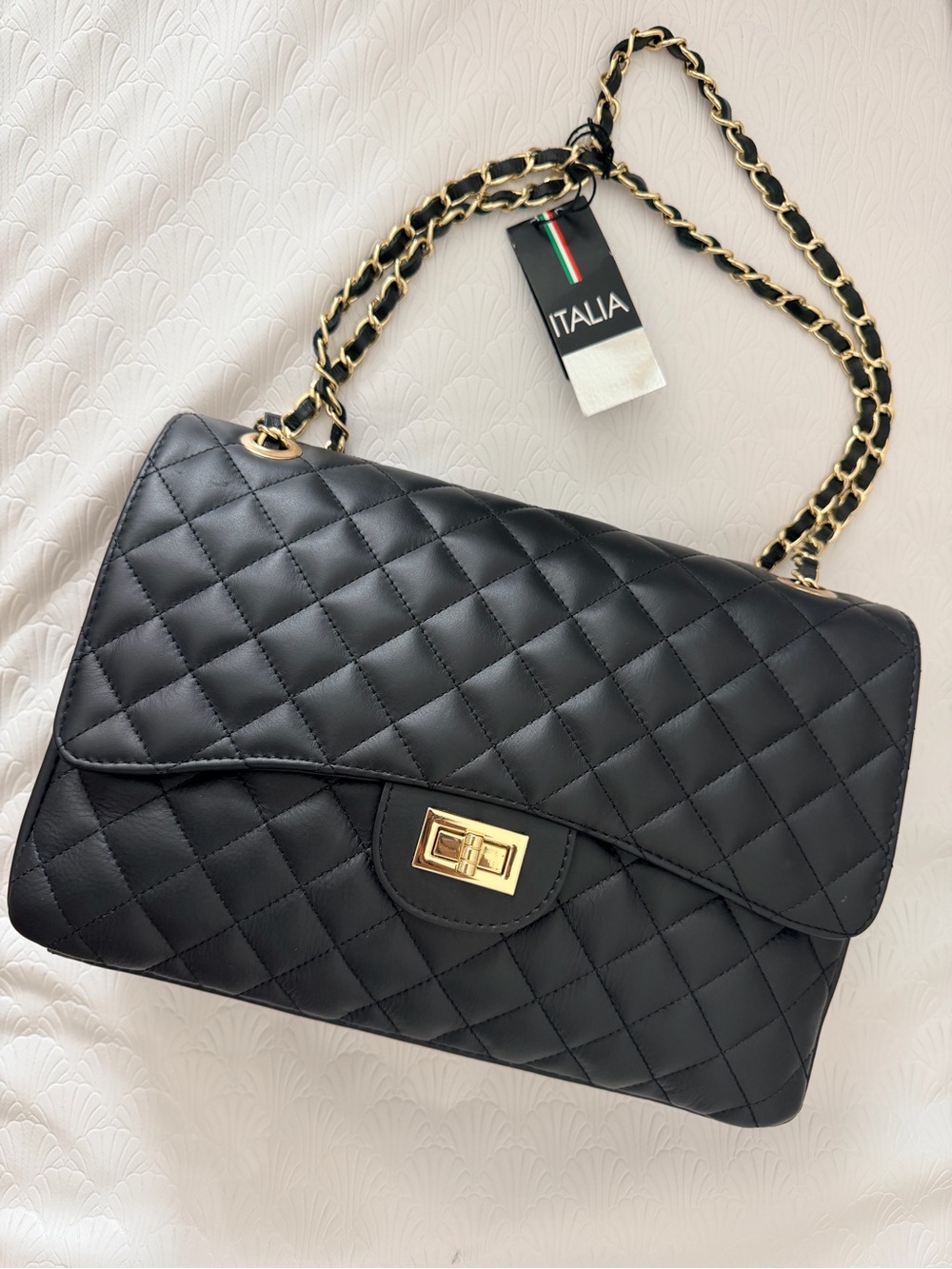 Chiara Ferretti Quilted Black Leather Chain Shoulder Bag with Gold Hardware